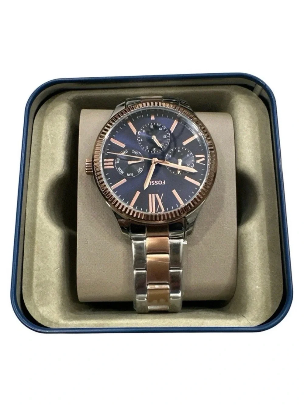 Fossil BQM7097 Men’s Two-Tone Stainless Quartz 42mm Day/Date 3ATM Box